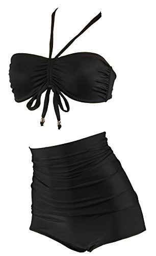 Aloha de plage Uni Rétro Vintage High Waisted Bikini Bandeau Femme A2005 - Noir - S Cover