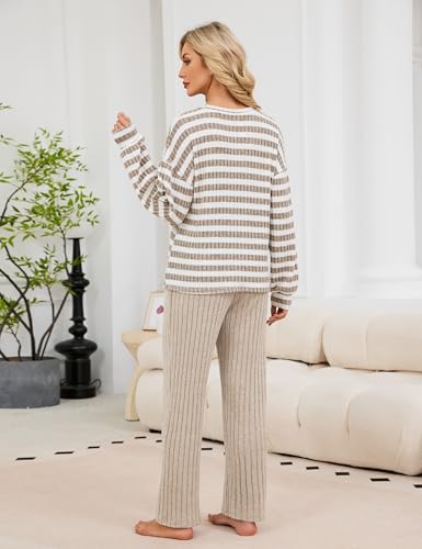 Image of Blooming Jelly Women Ribbed Long Sleeve Pajama Sets Fall Loungewear Pockets