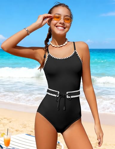 Image of Girls Swimsuit Ruffle Solid One Piece Bathing Suits 7-18 Years | Teen Bathing Suits for Girls Ruched Sleeveless Girls' Swimwear