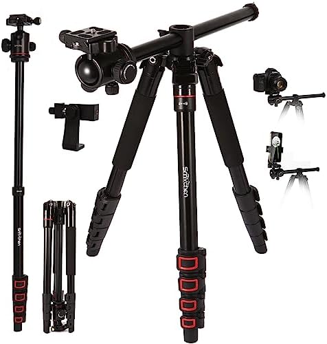 Portable and Stable Smvchen 70" Axis Horizontal Tripod Monopod for DSLR Cameras and Phone with 360°Ball Head and Rotatable Center Column 5-Section Aluminum Alloy Tripod Max. Load Capacity 10kg(Red)
