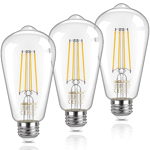DiCUNO Vintage Light Bulb E27, Warm White 2700K, 810lm, Filament LED Edison Light Bulb, 6W Equivalent to 60W, ST64, Clear Glass, Non-dimmable, Pack of 3
