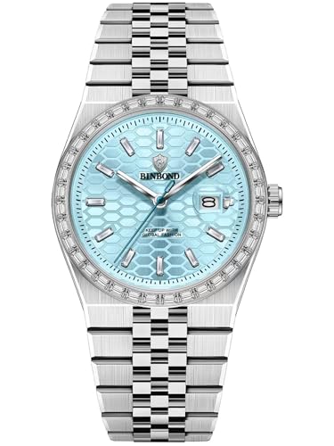 Luxury Watch with Crystal Bezel, Turquoise Honeycomb Dial, Stainless Steel Band, Date Display