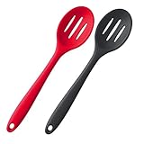 Silicone Nonstick Slotted Spoons Set 2,High Heat Resistant, Hygienic Design Cooking Baking Spoons Set for Cooking Stirring, Mixing and Serving,Red and Black with Color Box
