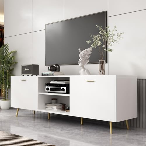 WOODTIME TV Stand for TVs up to 75 Inch, Wood Entertainment Center with Storage Cabinet & Cord Management, Media TV Console Table with Metal Legs for Living Room, Bedroom, White