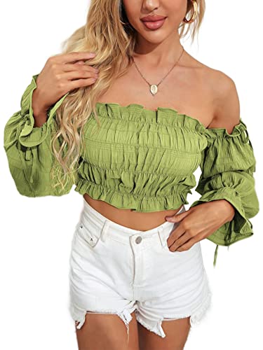 Lyaner Women's Off The Shoulder Ruffle Trim Drawsting Puff Long Sleeve Tube Crop Blouse Shirt Top Kiwi Green Small #TOP3