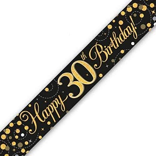 9ft Banner Sparkling Fizz 30th Birthday Black & Gold Holographic