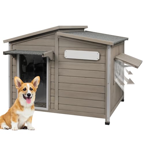 PetsCosset Dog House Outdoor Weatherproof, Anti-Chewing Iron Frame Dog Kennel Outside, Wooden Outside Shelter Pet House for Small, Medium, and Large D