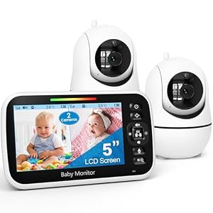 GoodBaby 5″ Split Screen Baby Monitor with 2 Cameras and Audio | No WiFi Secure Camera, 30-Hour Battery, Remote PTZ, Auto Night Vision, Room Temperature, Two-Way Audio，Lullabies，960 ft Range