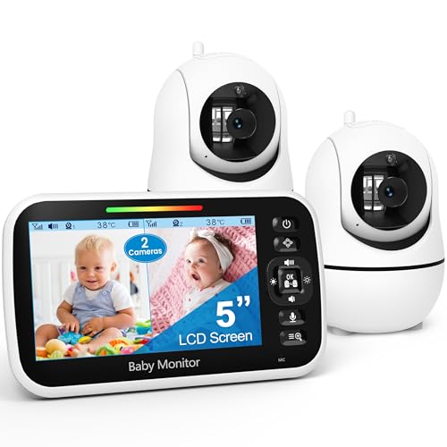 GoodBaby 5' Split Screen Baby Monitor with 2 Cameras and Audio, No WiFi Secure FHSS, 30-Hour Battery, Remote PTZ, Auto Night Vision, Room Temperature, Two-Way Audio，Lullabies，1000ft Range