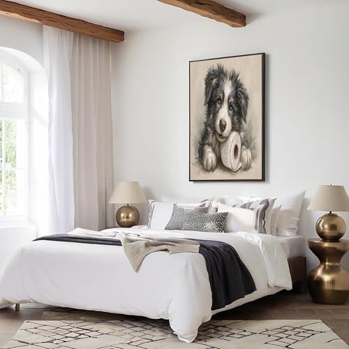 Affiche Border Collie rigolo en noir et blanc toile décorative originale 70x100 cm