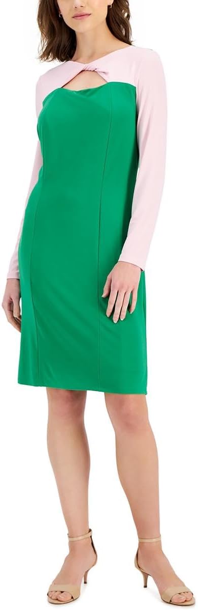 Kasper Womens Colorblock Knee-Length Sheath Dress Green L