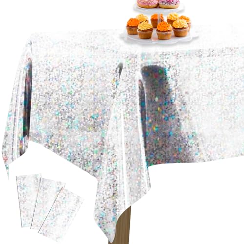 PartyWoo Silver Foil Tablecloth, 3 Pack 54 x 108 Inch Iridescent Color Rectangle Tablecloth, Foil Tablecloth for 6 to 8 Foot Table, Metallic Color Table Cover, Waterproof Table Cloth for Birthday
