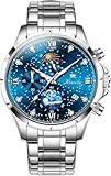 Kiseely Uhren Herren Edelstahl Armbanduhr Chronograph Quarz Herrenuhr Große, Mondphase Analog Quarz Armbanduhren Stylisch Klassisch Armbanduhr Mit Datum (Blaues Lederband K1)