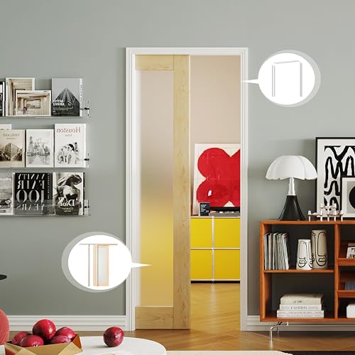 Image of Pocket Door 28 inch x 80 inch, 1-Lite Frosted Glass Pantry Door Panel with Frame and Hardware Kit Set Plus Door Jamb, Single Interior & Closet Door Slab for Sliding Door, No Panel Assembly Required
