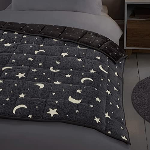 Sleepdown Weighted Blanket 2kg Soft Teddy Fleece Glow in the Dark Moons and Stars Therapy Sensory Throw Grey Anxiety Autism Insomnia Stress Sleep Relief Adults Kids - 90cm x 120cm (4.4lb)