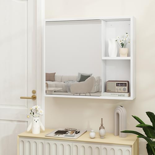 Moccha Medicine Cabinet, Bathroom Mirror with Storage, Single Mirror Door, 2 Adjustable Shelves, 2 Open Shelves, Over The Toilet Space Saver, Bathroom Wall Cabinet for Laundry Room Entryway (White)