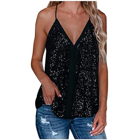 LOPILY Women Fashion V Neck Cami Vests Ladies Stylish Loose Strappy Sequin Tank Tops Classy Casual Sleeveless Party Vest Tunics Top Plus Size Baggy Blouse, Black, M Cover