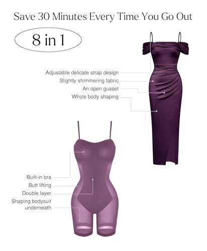 Image of Popilush Wedding Guest Dresses for Women Off Shoulder Shapewear Maxi | Multi-Way Wear, Built in Bra, Light Tummy Control, Ruched Satin Formal Cocktail Evening Bridesmaid Dress