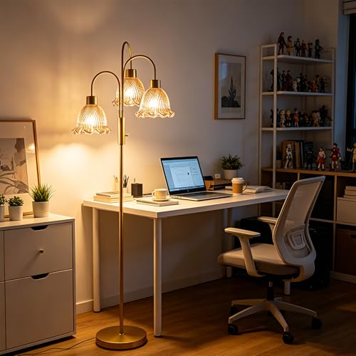 Image of 3-Light Glass Floor Lamp for Living Room, 70 inch Gold Dimmable Standing Tall Lamp with Amber Glass Shades &3PCS 3000K Warm White Bulbs for Wedding /Party, Modern Tree Pole Lamp for Bedroom Home Decor