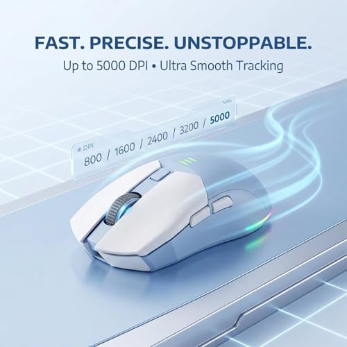 Image of Offbeat Ivy Wireless Gaming Mouse Bluetooth 5.2, 2.4GHz Triple Mode, Rechargeable 5000 DPI, 1000Hz Polling Rate, 6D Buttons, 600mAh Battery, Silent Click, Gaming Mouse for PC & Laptop - White Blue