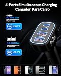 90W 4-Port USB C Adaptateur d'allume-cigarette de chargeur de voiture pour Samsung S26/S25 | Inclure 3FT USB-C Câble, 2x USB-C + 2x USB-A Ports, PPS/PD 3.0, 12-24V Universal, pour la famille des voyages, Voyage routier essentiels