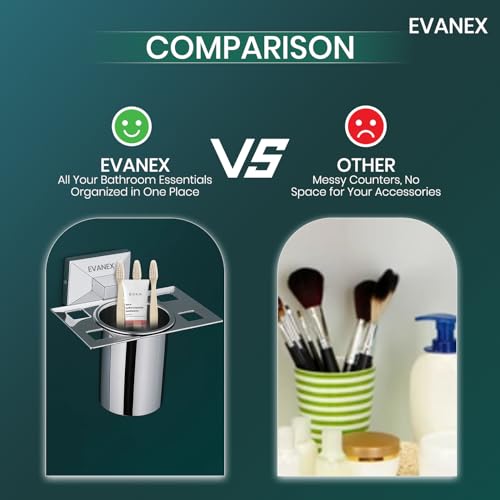 Image of EVANEX Wall-Mounted Tooth Brush Holder, 304 Grade Stainless Steel Tumbler Stand, Bathroom Organizer with Glossy & Chrome Finish Stand with Removable Cup (Vento)