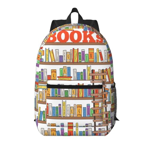 Sac à dos de voyage portable noir 43 cm motif imprimé bibliothèque