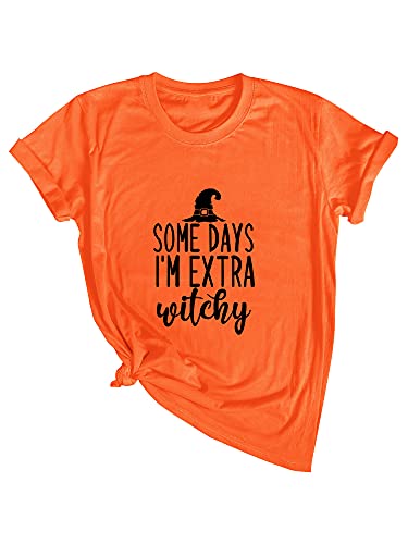 OUNAR Women Some Days Im Extra Witchy Letter Wizard Hat Graphic Print Crew Neck Halloween T-Shirt Tops Orange
