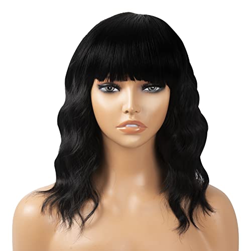 Gefeier Short Wavy Wig With Bangs For Women 14 Inch Shoulder Length Black Bob Wavy Wigs Synthetic Natural Looking Hair Wig For Daily Party Cosplay