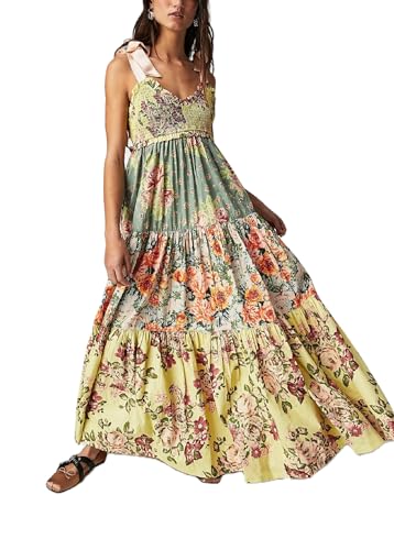 Image of Betrodi Women Floral Flowy Smocked Maxi Dress Sleeveless Tie Shoulder Y2k Summer Boho Dress Tiered Aline Beach Sundress(BB2-Yellow,L)