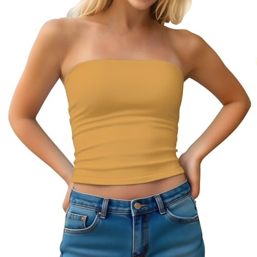 Sinzelimin Women's Tube Tops Double Layered Basic Casual Strapless Backless Bandeau Bras Fashion Solid Color Crop Base Shirts Yellow Medium