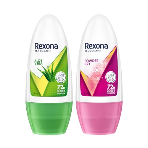 Image of Rexona Aloe Vera Underarm Roll On Deodorant For Women, Antiperspirant, Removes Odour, Keeps Skin Fresh & Clean, Alcohol Free, Skin Friendly, 50 ml pack of 2