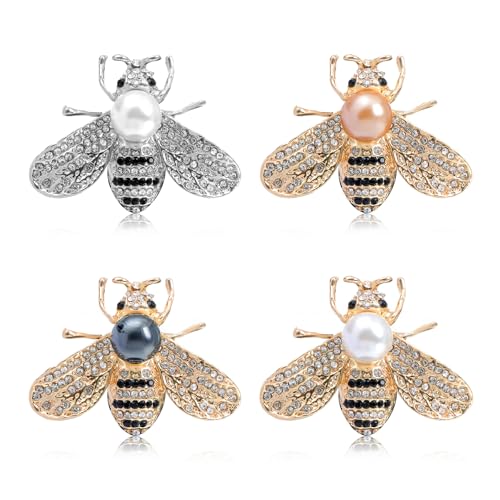 Image of 4 Pieces Honey Bee Brooch Lapel Pins for Women Crystal Insect Themed Bee Brooches with Faux Pearl Fashion Gift for Birthday Dating Party Anniversary