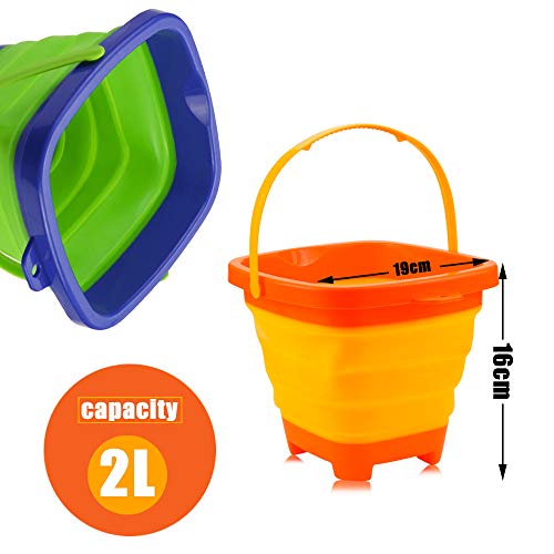 butterfunny 2 Pack 2L Square Foldable Buckets, Foldable Silicone Pail Buckets Sand Buckets, Silicone Collapsible Bucket for Kids Beach Play, Water and Food Jug, Dog Bowls(Yellow and Greeen)