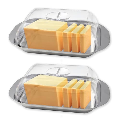 Zyluniy Beurrier plastique, 2 pièces (17,8x11,1x5,5 cm) Pot à beurre avec couvercle, Beurrier avec cloche transparente, boite a beurre pour frigo pour fromage, desserts, gâteaux et petits fruits
