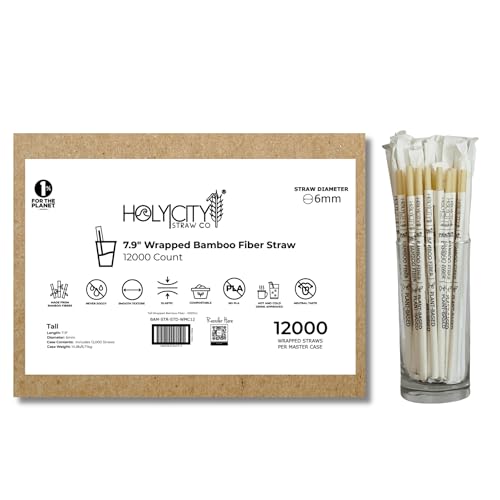 Holy City Straw Co. 7.9” Wrapped Bamboo Fiber Drinking Straws | 6mm | 12,000ct. |Biodegradable Alternative to Agave & PLA Straws | Compostable & Plastic-Free | Great for the Foodservice & Hospitality