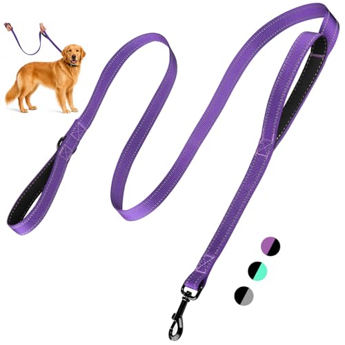 HOSCAPE 2-Handle Dog Leash Heavy Duty Traffic Control & Night Safety Reflective Lead for Small Mid Large Dogs Comfort Padded Grip Dog Leashes for Walking and Training(6 FT x 1 Wide Purple+Black)