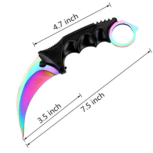 WeTop Karambit Knife, Set of 2, CS-GO for Hunting Camping Fishing Self Defenses and Field Survival, Stainless Steel Fixed Blade Tactical Knife with Sheath and Cord (Black+Rainbow).