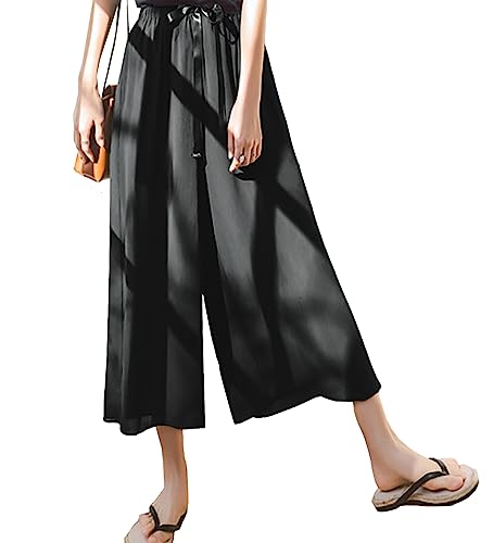 [オシャヒロ] ワイドパンツ レディース スカーチョ シフォン 9分丈 ゆったり ガウチョパンツ カジュアル 体型カバー 着痩せ 無地 スパンツ 春 夏 おしゃれ 大きいサイズ 4色 S-6XL (6XL, ブラック)のサムネイル