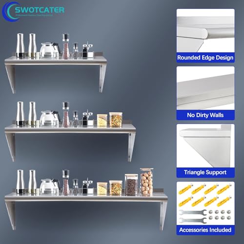 Image of Stainless Steel Shelf 12 inchx36 inch, Space-Saving Wall Mounted Shelving, 280lb Heavy Duty Steel Shelves with Easy-Clean Surface for Kitchen, Restaurant, Bar, Hotel (Commercial & Home Use)