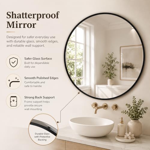 Image of Plantex Aluminium Frame Mirror for Wall /Mirror for Bathroom /Round Mirror for Bathroom /Wall Mount Mirror for Bedroom /Dressing Room /Living Room /Entryway - Shatterproof Mirror (24inch-Brushed Black)