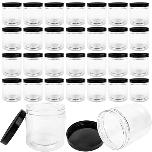 30 Pack 12oz Plastic Jars with Lids Clear Plastic Containers Storage Containers Jar Empty Round Refillable Plastic Jars with Black Lids for Candy Kitchen Food Storage Cosmetics DIY Crafts Making