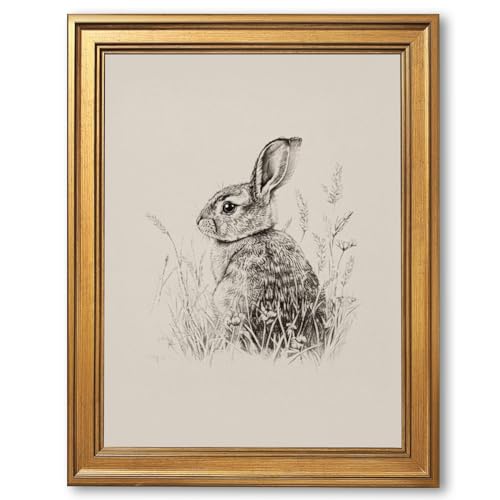 Ripiyome Gold Frame Vintage Easter Bunny Sketch Canvas Wall Art