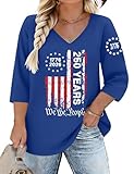 Plus Size 4th of July Shirts Women 250th Anniversary USA Shirt 1776 American Flag Patriotic Tee V Neck 3/4 Sleeve Tops(Flag-Blue, 4X-Large)