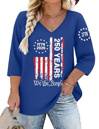 Plus Size 4th of July Shirts Women 250th Anniversary USA Shirt 1776 American Flag Patriotic Tee V Neck 3/4 Sleeve Tops(Flag-Blue, 4X-Large)