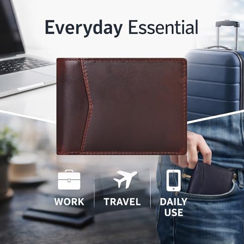 Image of Contacts Men's Genuine Leather Wallet | RFID Blocking Bifold Wallet for Men | Up to 8 Card Slots Including 1 ID Window (Brown)