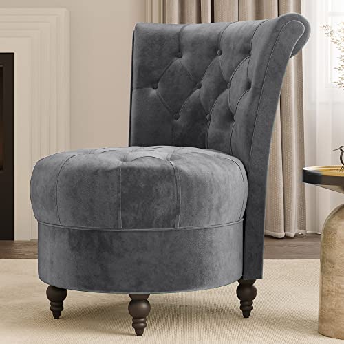 Belleze Throne Royal Chair, Button-Tufted Accent Chair, Upholstered Velvet Chair, Low Back Armless Chair With Thick Padding And Rubberwood Legs - Malik (Grey) #TOP19