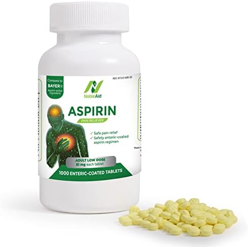NobleAid Pure Low Dose Baby Aspirin 81mg for Adults, 1000 Count Enteric Coated Aspirin Tablet for Men and Women, Safe Fever Reducer, Pain Reliever for Headache, Arthritis, Cramps, and Inflammation