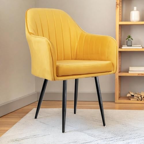 Image of Velvet Accent Chair | Luxury Upholstered Armchair with Sturdy Metal Legs | Modern Comfortable Chair for Living Room, Bedroom, Office, or Cafe (Black Legs, Yellow)
