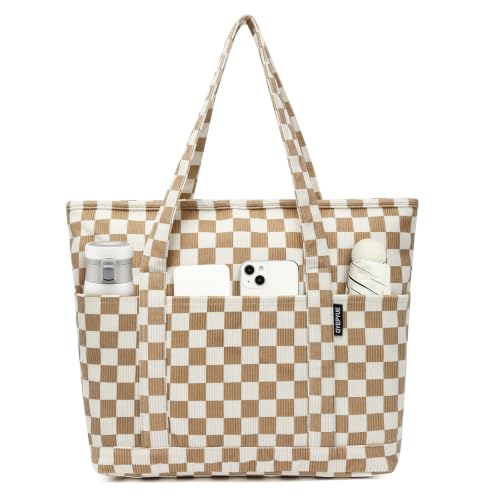 Image of Large Canvas Tote Bag for Women, Beach Bag with Zipper, Utility Tote Bag with 3 Front Pockets, Weekender Pool Bag